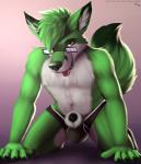 animal_genitalia animal_penis anthro black_clothing black_underwear briefs clothing eyewear fur genitals glasses green_body green_fur looking_at_viewer male penis pose sheath simple_background solo tongue underwear jonas-puppeh shadownight canid canine fox mammal 2019 digital_media_(artwork) hi_res pinup