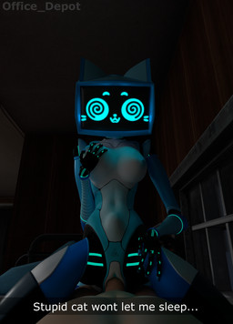 abdominal_bulge anthro blue_body blue_nipples breast_grab breast_play breasts cowgirl_position duo female first_person_view from_front_position genitals hand_on_breast humanoid_genitalia humanoid_penis humanoid_vulva machine male male/female medium_breasts nipples on_bottom on_top penis screen screen_face sex text vulva office_depot_(artist) voices_of_the_void kerfur_omega_(votv) felid feline human mammal robot english_text hi_res