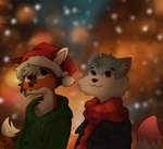 anthro atmospheric blue_body blue_fur blurred_background cinematic clothing dipstick_tail duo fluffy fur hair hat headgear headwear holidays hoodie jacket lens male male/male markings orange_body orange_fur pink_eyes pink_tail_tip scarf snowfall tail tail_markings topwear white_hair alexumka new_year deffy umkashka canid canine canis domestic_cat domestic_dog felid feline felis fox mammal wolf hi_res