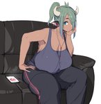 big_breasts black_earbuds black_headphones blue_eyes breasts clothed clothing earbuds electronics female furniture green_hair hair headphones horn huge_breasts multicolored_earbuds multicolored_headphones on_sofa phone red_earbuds red_headphones shirt simple_background sitting sitting_on_sofa sofa solo tank_top topwear track_pants two_tone_earbuds two_tone_headphones white_background nekoarashi toyosaka_momo animal_humanoid bovid bovid_humanoid bovine bovine_humanoid cattle_humanoid humanoid mammal mammal_humanoid 2019