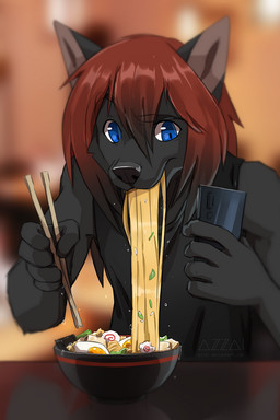 anthro bangs black_body black_clothing black_eyebrows black_fur black_hair black_nose black_phone black_shirt black_smartphone black_topwear blue_eyes blurred_background bowl brown_hair cellphone cheek_tuft clothing container eating eating_food electronics eyebrows facial_tuft fur furniture hair holding_cellphone holding_object holding_phone holding_smartphone long_hair male multicolored_hair phone ramen_bowl ramen_noodles shirt smartphone smile snout solo table topwear tuft two_tone_hair azzai canid canine canis mammal wolf 2019 cel_shading colored colored_sketch digital_drawing_(artwork) digital_media_(artwork) shaded sketch