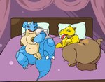 anthro anthrofied anus bed belly big_breasts big_butt blue_body breasts brown_body brown_nipples butt claws drapes drowzee duo female front_view furniture generation_1_pokemon generation_4_pokemon genitals half-closed_eyes hi_res horn hybrid lapras lickilicky looking_at_viewer lying lying_on_bed narrowed_eyes navel nidoqueen nintendo nipples nude on_bed on_side open_mouth overweight overweight_anthro overweight_female pillow pokemon pokemon_(species) presenting proboscis_(anatomy) pussy reptile scalie shell somedutchweirdo spread_legs spreading tail thick_thighs tongue tongue_out trunk trunk_(anatomy) yellow_body