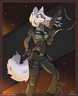 5_fingers anthro belt black_nose border clothed clothed_anthro clothed_female clothing eyebrows female female_anthro fingers fluffy fluffy_tail fully_clothed fully_clothed_anthro fully_clothed_female fur hair holding_object holding_weapon humanoid_hands inner_ear_fluff long_hair looking_at_viewer military_uniform mouth_closed night red_eyes snout solo tail text tuft uniform war weapon white_body white_fur xleb0rezka s.t.a.l.k.e.r. canid canine fox mammal 2023 archived_source digital_media_(artwork) hi_res portrait shaded three-quarter_portrait url watermark