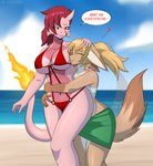 anthro beach blonde_hair breast_squish breasts clothed clothing curvy_figure duo female fire flaming_tail fur glistening glistening_body hair headpat heart_symbol horn hug multicolored_body multicolored_fur navel outside pink_body sky speech_bubble squish swimwear tail text voluptuous water flyingtrace mythology sambal yazz_(flyingtrace) amphibian canid canine fennec_fox fox mammal mythological_creature mythological_salamander mythological_scalie salamander scalie true_fox 2024 cel_shading digital_media_(artwork) english_text hi_res shaded signature url