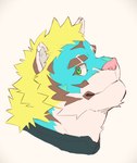 anthro blonde_hair blue_body blue_fur fur green_eyes hair male pink_nose simple_background solo striped_body striped_fur stripes white_background heylaw21 lifewonders live_a_hero rexer felid mammal pantherine tiger absurd_res headshot_portrait hi_res portrait