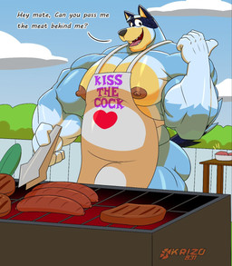 5_fingers anthro apron apron_only big_muscles big_pecs black_nose blue_body blue_fur clothing cookie dialogue eyebrows fingers food fur grill male meat muscular muscular_anthro muscular_arm muscular_male nipples open_mouth outside pecs question_mark sausage sharp_teeth smile solo tail talking_to_viewer teeth text okrizo831 bluey_(series) bandit_heeler australian_cattle_dog canid canine canis cattledog domestic_dog herding_dog mammal pastoral_dog 2025 english_description english_text hi_res
