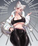 abstract_background athletic athletic_female athletic_humanoid belt big_breasts biped black_bottomwear black_clothing black_pants black_shirt black_topwear bottomwear bra breasts cleavage clothed clothing coat crop_top dog_tags female front_view fully_clothed glistening glistening_clothing hair hand_on_hip huge_breasts humanoid_hands jewelry leather leather_bottomwear leather_clothing leather_pants light_body light_skin looking_at_viewer midriff monotone_hair navel necklace nipple_outline open_clothing open_coat open_topwear pants puffy_jacket red_eyes shirt short_hair small_waist smile solo sports_bra standing thick_thighs tight_bottomwear tight_clothing tight_pants tight_shirt tight_topwear topwear under_boob underwear white_clothing white_coat white_hair white_inner_ear white_topwear winter_coat tochinoko touhou momiji_inubashiri animal_humanoid canid canid_humanoid canine canine_humanoid humanoid mammal mammal_humanoid wolf_humanoid 5:6 absurd_res hi_res portrait three-quarter_portrait