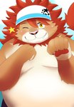 anthro belly big_belly blush kemono male moobs one_eye_closed overweight overweight_male solo wink inugamihito lifewonders tokyo_afterschool_summoners vapula_(tas) felid lion mammal pantherine 2022 hi_res