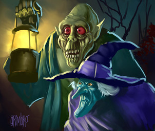blue_eyes brown_eyes clothing duo female hair hat headgear headwear lamp lantern male not_furry red_eyes white_hair witch_hat grimbro hanna-barbera scooby-doo_(series) witch_(which_witch_is_which?) zombie_(which_witch_is_which?) humanoid undead zombie