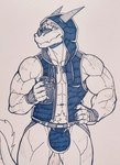 anthro beverage bulge clothing hand_on_hip horn jockstrap male muscular muscular_anthro muscular_male pubes sleeveless_hoodie solo tail underwear nameless00 mythology soren_ashe dragon mythological_creature mythological_scalie scalie absurd_res hi_res traditional_media_(artwork)