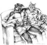 anthro anthro_on_anthro biped blotch bulge canid canine canis claws clothed clothing controller domestic_cat domestic_dog duo felid feline felis fingers floppy_ears fur furniture hand_in_boxer_briefs hand_in_briefs hand_in_underwear holding_controller holding_object holding_remote_control interspecies male male/male mammal monochrome on_sofa remote_control sofa tail topless topless_anthro topless_male underwear underwear_only whiskers