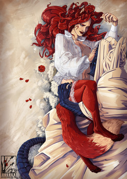 after_sex ambiguous_gender anthro bed_sheet bedding blue_body blue_scales breasts clothed clothing cuddling digitigrade duo female female/ambiguous fox_tail fur hair long_hair looking_at_another looking_at_partner love partial_transformation partially_clothed red_body red_eyes red_fur red_hair romantic romantic_couple scales small_breasts split_form tail heskynn dungeons_and_dragons hasbro mythology wizards_of_the_coast animal_humanoid canid canid_humanoid canine canine_humanoid dragon dragon_humanoid dragonborn_(dnd) fox fox_humanoid humanoid mammal mammal_humanoid mythological_creature mythological_scalie scalie digital_media_(artwork) trans_(lore) trans_man_(lore)