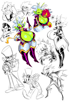 5_fingers antennae_(anatomy) anthro armor big_breasts blush bodily_fluids boots breasts brown_body brown_skin cleavage clothed clothing cross-popping_vein curvy_figure eyes_closed eyewear female fingers footwear gesture gloves green_body green_skin grin group hair hand_gesture handwear hat headgear headwear heart_symbol helmet high_heeled_boots high_heels horn huge_breasts humanoid_pointy_ears legwear male one_eye_closed pointy_ears red_hair sharp_teeth shoes smile speech_bubble sweat teeth thick_thighs thigh_boots thigh_highs thumbs_up top_hat voluptuous white_hair wide_hips theguywhodrawsalot penny_(theguywhodrawsalot) sara_(theguywhodrawsalot) valerie_(theguywhodrawsalot) alien alien_humanoid horned_humanoid human humanoid mammal absurd_res hi_res