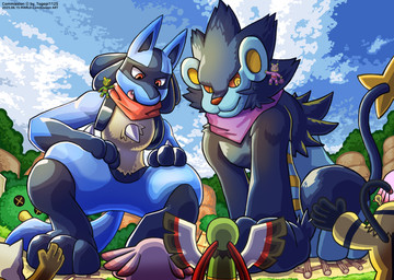 ambiguous_gender anthro black_body blue_body crouching duo feral macro male red_eyes scarf tail town treasure_town yellow_eyes wolfmalro nintendo pokemon pokemon_mystery_dungeon spike_chunsoft avian canid canine chameleon chansey electivire felid generation_1_pokemon generation_2_pokemon generation_3_pokemon generation_4_pokemon kecleon lizard lucario luxray mammal marowak pokemon_(species) reptile scalie xatu hi_res