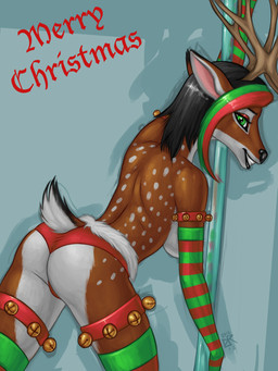 anthro antlers arm_warmers armwear bell breasts butt clothed clothing female green_eyes handwear holidays horn leg_warmers legwear lips looking_at_viewer merry_christmas panties pattern_armwear pattern_clothing pattern_handwear pole pose short_tail side_boob simple_background smile solo spots spread_legs spreading striped_armwear striped_clothing striped_handwear stripes tail thick_bottom_lip topless underwear ldr christmas ahyoka_(character) deer mammal new_world_deer reindeer 2012 3:4 absurd_res digital_media_(artwork) hi_res pinup
