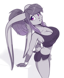 anthro big_breasts bottomwear bra breasts clothing collarbone dipstick_ears dipstick_tail ear_markings eyebrow_through_hair eyebrows eyelashes female fur gloves_(marking) hair high-angle_view markings midriff multicolored_ears ponytail purple_eyes shorts solo sports_bra spots spotted_body spotted_fur tail tail_markings translucent translucent_hair underwear scorpdk leto_(scorpdk) lagomorph leporid mammal rabbit 2026 absurd_res hi_res