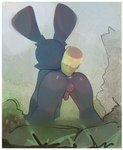 all_fours anal anthro balls black_body black_fur fog fur genitals grass greenery male plant solo young lokilikezfrogz lagomorph leporid mammal rabbit hi_res