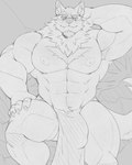 4:5 abs anthro areola biceps big_bulge bottomwear bulge canid canine canis castrodour clothing fangs hi_res loincloth looking_at_viewer male mammal monochrome muscular muscular_anthro muscular_male nipples pecs silver_fang solo teeth wolf