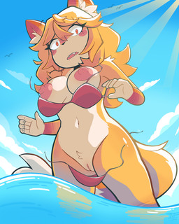 anthro areola beach big_areola big_nipples bikini bikini_bottom bikini_top blush breasts claws clitoris clothing cloud embarrassed erect_nipples fangs female finger_claws fur genitals hair huge_areola huge_nipples inner_ear_fluff light medium_breasts navel nipples pink_nipples pointy_ears prick_ears pubes public public_nudity red_bikini red_bikini_bottom red_bikini_top red_clothing red_eyes red_swimwear skinny sky solo sunlight swimwear teeth tuft two-piece_swimsuit vulva wardrobe_malfunction water yellow_body yellow_fur conditional_dnp fervourbunny canid canine fox mammal 4:5 absurd_res hi_res