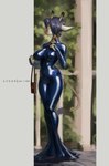 anthro big_breasts breasts clothed clothing dress female form_fitting fur hobble_skirt hobbled horn latex latex_clothing latex_dress latex_skinsuit navel_outline ossicone rubber_clothing skinsuit solo tight_clothing shanher anna_cheng_(character) giraffe giraffid mammal absurd_res hi_res