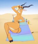 2_toes 3_fingers anthro beach beach_towel big_butt blonde_hair bracelet breasts brown_body brown_fur butt cloven_hooves countershading detailed_background feet female fingers fur hair hooves horn jewelry long_horn looking_at_viewer looking_back lying lying_on_ground medium_breasts nipples nude nude_beach on_ground on_side on_towel orange_eyes outside presenting presenting_hindquarters sand seaside side_boob small_waist smile sunscreen toes towel underhoof wide_hipped_female wide_hips wristband teer disney zootopia gazelle_(zootopia) antelope bovid gazelle mammal hi_res