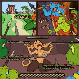 axe bottomwear breasts clothing confusion dialogue female green_body green_scales group loincloth long_ears male melee_weapon orange_body orange_skin plant polearm portal scales screaming smile spear tail text tree warrior weapon ratopombo bethesda_game_studios microsoft oblivion the_elder_scrolls argonian humanoid scalie scamp_(the_elder_scrolls) 1:1 2022 absurd_res comic english_text hi_res meme