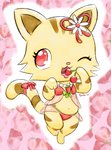 accessory bow_(feature) bow_accessory bow_ribbon brown_stripes cherry chibi clothing female flower food fruit fur furgonomics jewelry kemono licking lingerie necklace one_eye_closed plant red_eyes ribbons semi-anthro simple_background solo strawberry stripes tail tail_accessory tail_bow tail_ribbon tan_body tan_fur tongue tongue_out wink pyritie jewelpet sanrio sega sega_fave sango_(jewelpet) domestic_cat felid feline felis mammal tabby_cat 2020 digital_media_(artwork) hi_res