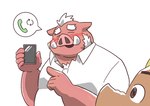 anthro blush cellphone duo electronics eyes_closed kemono male overweight overweight_male phone simple_background smartphone white_background hon55728 mammal suid suine sus_(pig) wild_boar 2025 hi_res
