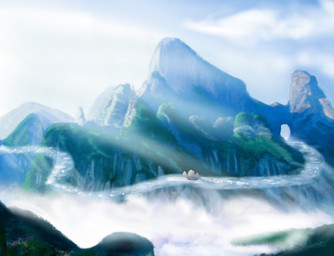 boat cloud detailed_background fantasy fog landscape mountain nature not_furry outside river scenery_porn sky vehicle watercraft zero_pictured mindrain blue_theme cool_colors