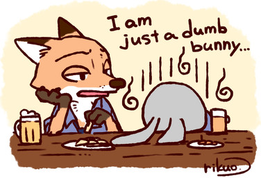 alcohol anthro appetizer beer beverage black_body black_fur black_nose claws clothed clothing drunk duo female fur furniture grey_body grey_fur long_ears male necktie orange_body orange_fur police police_uniform simple_background substance_intoxication table uniform white_body white_fur rikuo_(artist) disney zootopia judy_hopps nick_wilde canid canine fox lagomorph leporid mammal rabbit red_fox true_fox