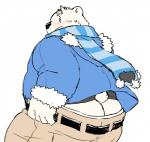 anthro blush bottomwear butt clothing fur male overweight overweight_anthro overweight_male pants scarf simple_background solo white_background white_body white_fur 12beat13 utau shirane_kan bear mammal polar_bear ursine 2017