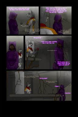altar anthro big_breasts black_nose breasts brown_body brown_fur clothed clothing column dialogue duo female fur green_eyes grey_body grey_fur male plant text vines ipoke ishara canid canine canis felid feline mammal wolf 2:3 comic english_text hi_res