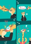 anthro blue_background blush clothed clothing dialogue duo fur heart_symbol hoodie kissing simple_background speech_bubble text topwear yellow_body yellow_fur hydrabb angela_(hydrabb) felid feline giraffe giraffid mammal 2024 comic digital_media_(artwork) english_text hi_res