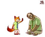 anthro barefoot bottomwear brown_body brown_fur claws clothed clothing duo feet fully_clothed fur necktie orange_body orange_fur pants shirt simple_background sitting standing toe_claws topwear white_background yibsy disney zootopia flash_slothmore nick_wilde canid canine fox mammal pilosan red_fox sloth three-toed_sloth true_fox xenarthran 2017 comic hi_res