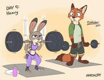 3_toes 4_fingers anthro barbell barefoot black_nose bodily_fluids bottomwear bra clothed clothed_anthro clothed_female clothed_male clothing count crop_top day_count duo exercise feet female female_anthro fingers fur grey_body grey_fur hindpaw humanoid_hands larger_anthro larger_male male male_anthro multicolored_body multicolored_fur paws pink_nose plantigrade red_body red_fur shirt shorts size_difference smaller_anthro smaller_female sports_bra sweat tail text toes topwear two_tone_body two_tone_fur underwear weightlifting white_body white_fur workout aar0njay disney inktober inktober_2025 zootopia judy_hopps nick_wilde canid canine european_rabbit fox lagomorph leporid mammal oryctolagus rabbit red_fox true_fox 2025 english_text