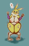 4_fingers anthro areola bell big_breasts big_nipples biped blue_background breasts cowbell digitigrade exclamation_point eyebrows female female_anthro fingers hindpaw huge_breasts multicolored_body nipples non-mammal_nipples open_mouth paws pink_nipples purple_eyes simple_background slightly_chubby slightly_chubby_anthro slightly_chubby_female solo tail foxette bandai_namco digimon canid digimon_(species) mammal renamon absurd_res hi_res