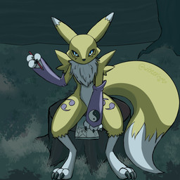 ambiguous_gender anthro arm_tuft armwear biped black_claws black_nose black_sclera blue_eyes bridal_gauntlets chest_tuft claws clothed clothed/nude clothing countershade_torso countershading drawing forest forest_background fur fur_markings grass log long_ears long_tail looking_at_viewer markings nature nature_background neck_tuft notebook nude outside paper pencil_(object) plant purple_body purple_clothing purple_fur shoulder_tuft sitting slim solo star tail text thick_thighs tomoe_(symbol) tree tree_trunk tuft white_body white_countershading white_fur wood yellow_body yellow_fur yin_yang wisterigato bandai_namco digimon nintendo pokemon digimon_(species) generation_9_pokemon meowscarada pokemon_(species) renamon 1:1 absurd_res artist_name hi_res shaded