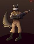 anthro assault_rifle boots bulletproof_vest cigar cigarette clothed clothing eye_patch eyewear footwear fur gun holding_object holding_weapon looking_at_viewer male prosthetic prosthetic_arm prosthetic_limb ranged_weapon rifle scar shoes simple_background smoking solo standing teeth topwear vest weapon redcoonie kalashnikov canid canine canis mammal wolf 2018 digital_drawing_(artwork) digital_media_(artwork)