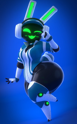 anthro armwear big_butt black_body blue_background blue_clothing blue_leotard blush blush_lines bottom_heavy breasts butt clothing elbow_gloves electronics empty_eyes female front_view gesture gloves green_eyes hand_gesture handwear hat headgear headphones headwear huge_butt leotard looking_at_viewer one_eye_closed open_mouth open_smile shortstack simple_background smile solo thick_thighs v_sign visor_cap white_clothing white_gloves white_handwear wide_hips wink winking_at_viewer vllrukkin zoidrawzaton_(modeler) project_turboblast tempo_(project_turboblast) lagomorph leporid mammal rabbit robot_anthro 3d_(artwork) 5:8 absurd_res digital_media_(artwork) hi_res