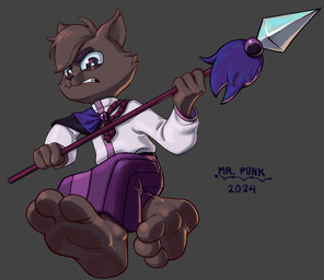 3_toes anthro clothing countershade_feet countershading dirty dirty_feet feet foot_fetish foot_focus hindpaw male melee_weapon paws polearm soles solo spear toes weapon mrpunkmorph cult_of_the_lamb massive_monster_(studio) fan_character domestic_cat felid feline felis mammal absurd_res hi_res