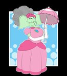 anthro clothed clothing cosplay eyes_closed female green_body outline solo umbrella marcodile mario_bros nintendo super_mario_bros_wonder elephant_peach kiyana_(marcodile) princess_peach elephant elephantid mammal proboscidean alpha_channel hi_res