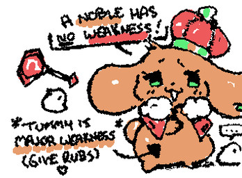 ambiguous_gender anthro biped black_text blush blush_lines bottomless bottomless_ambiguous bottomless_anthro brown_body brown_ears brown_tail capelet chibi clothed clothed_ambiguous clothed_anthro clothing crown dialogue duo ellipsis exclamation_point eyebrows eyelashes featureless_feet featureless_hands feet floppy_ears head_tuft headgear heart_symbol looking_at_viewer lop_ears monotone_body open_:3 open_mouth partial_speech_bubble red_capelet red_clothing short_tail simple_background simple_eyes solo_focus squigglevision staff standing tail text tuft white_background white_mouth ligma_(artist) royal_(ligma) canid canine canis domestic_dog mammal 2025 animated digital_media_(artwork) english_text flat_colors low_res portrait wigglypaint_(artwork) male_(lore)