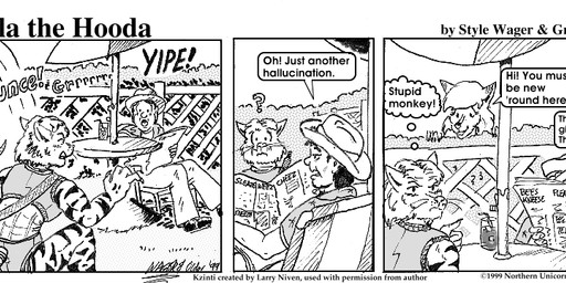 anthro clothed clothed_female clothed_male clothing dialogue dipstick_ears ear_markings female fur group male multicolored_ears newspaper outside question_mark reading_newspaper striped_body striped_fur stripes tail text thin_tail trio style_wager dela_the_hooda dela_aldershaw earl_stanowski canid canine fox hooda human kzinti mammal 1999 comic english_text greyscale monochrome