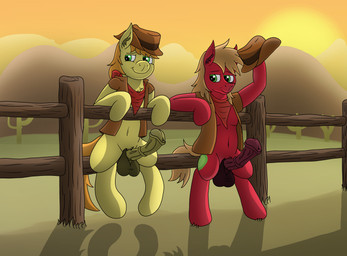 balls biped casual_erection casual_exposure clothed clothing duo erection fence feral genitals hat headgear headwear kerchief looking_at_viewer male male/male navel open_clothing open_topwear partially_clothed penis sitting smile sunset topwear vest tacomytaco friendship_is_magic hasbro my_little_pony big_macintosh_(mlp) braeburn_(mlp) earth_pony equid equine horse mammal pony absurd_res hi_res