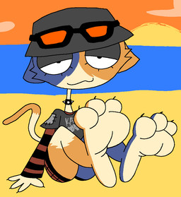 3_toes anthro beach black_clothing black_hat black_headwear black_shirt black_t-shirt black_topwear bottomwear brown_body brown_fur brown_tail_tip bucket_hat calico_pattern clothing collar dipstick_tail eyewear eyewear_on_head feet female foot_focus fur glasses glasses_on_head grey_body grey_fur half-closed_eyes hat headgear headwear legs_up long_sleeve_shirt looking_at_viewer markings narrowed_eyes pattern_clothing pattern_shirt pattern_topwear red_bottomwear red_clothing red_shirt red_shorts red_topwear sand sea shirt shorts sitting sitting_on_ground soles solo spiked_collar spikes striped_clothing striped_shirt striped_topwear stripes sunset t-shirt tail tail_markings tan_body tan_fur text_on_t-shirt thin_tail toes topwear water wearing_collar barvey epic_games fortnite meow_skulls calico_cat domestic_cat felid feline felis mammal 2026 digital_drawing_(artwork) digital_media_(artwork) english_description