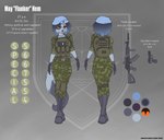 absurd_res ak-12 anthro arctic_fox armor beret boots canid canine clothing english_text female footwear fox hat headgear headwear hermitpioneer hi_res mammal may_hem military military_uniform model_sheet mp-433 shoes solo text true_fox uniform weapon