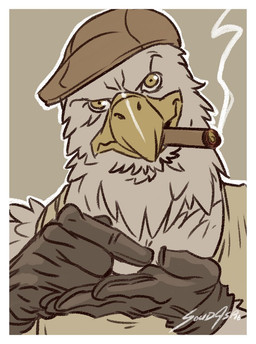 anthro border cigar clothing gloves handwear hat headgear headwear leather leather_clothing leather_gloves leather_handwear male smoking smoking_cigar solo white_border solidasp icono accipitrid accipitriform avian bald_eagle bird eagle sea_eagle
