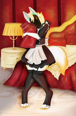 anthro claws clothed clothing crossdressing female fur legwear machine maid_uniform pillow stockings uniform yellow_body yellow_eyes yellow_fur furrymammy protogen absurd_res hi_res