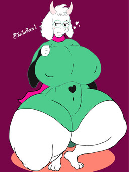 anthro big_breasts blush breasts clothing crossgender eyelashes eyewear female floppy_ears fur glasses heart_symbol horn huge_breasts looking_away mtf_crossgender navel_outline nipple_outline robe smile solo thick_thighs tight_clothing white_body white_fur wide_hips jonjonrenzo1 deltarune undertale_(series) ralsei bovid caprine darkner goat mammal hi_res