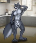 abs animal_genitalia anthro armpit_hair balls biceps body_hair genitals hand_behind_head looking_at_viewer male muscular muscular_anthro muscular_male nude pecs pose sheath solo rahir canid canine canis mammal wolf 5:6 digital_media_(artwork) hi_res